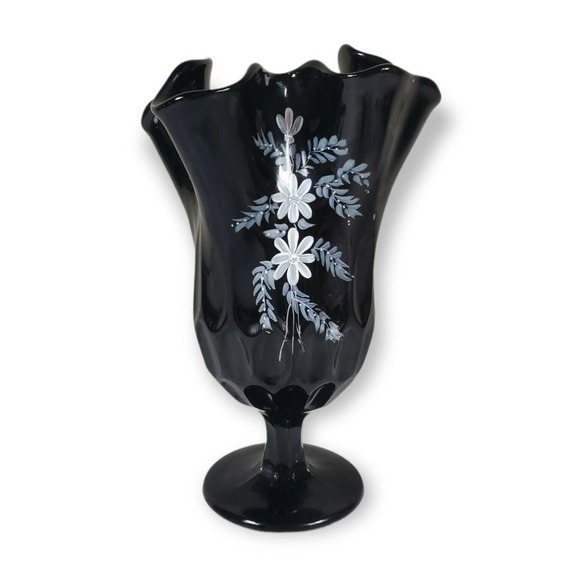 Fenton Black Glass Footed Swung Handkerchief THUMBPRINT Vase Painted MCM Flowers
